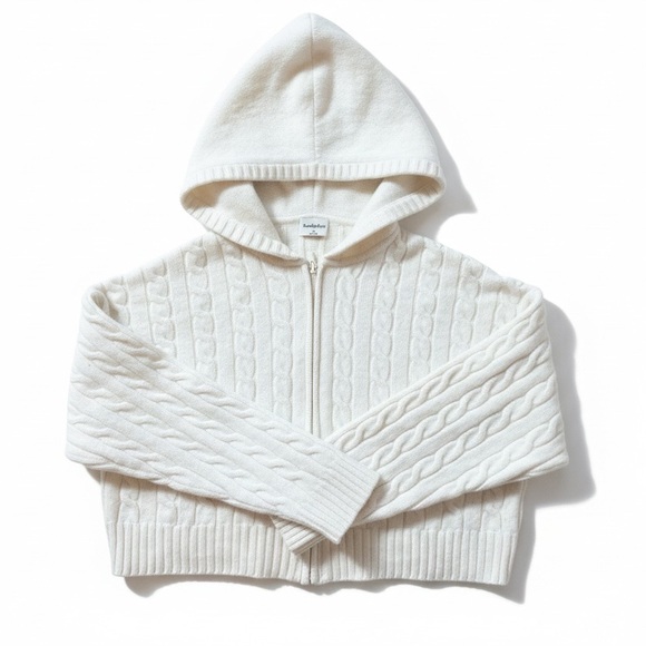 Aritzia Sweaters - Aritzia Sunday Best Cable Knit Zip Hoodie Cream Cropped Sweater M Wool Blend